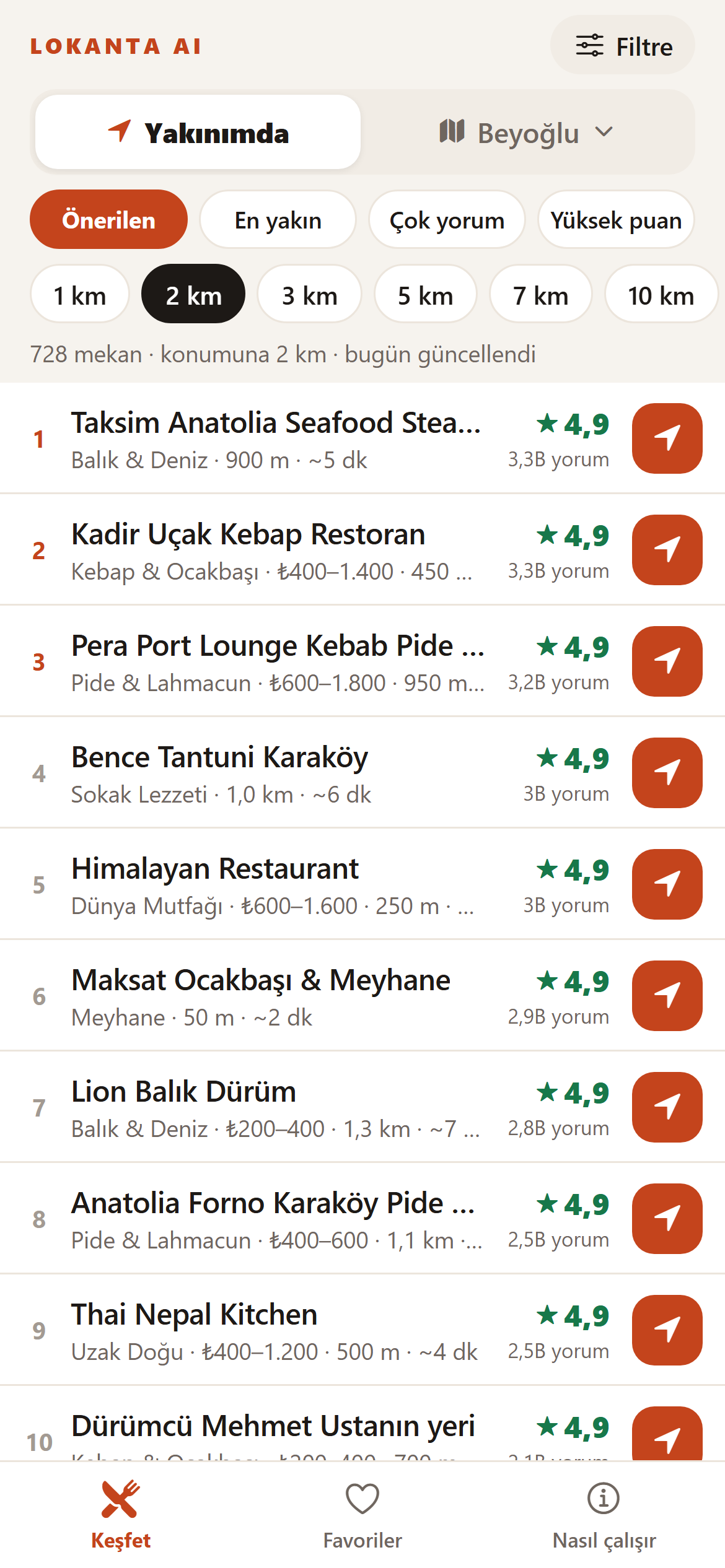 Lokanta AI uygulamasında yakınımdaki restoranlar listesi